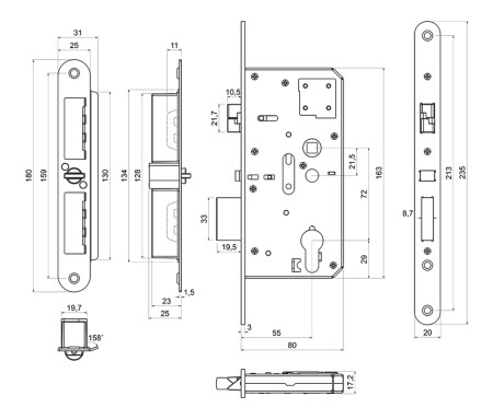 RICHTER Einsteckschloss mit Panikfunktion "E", selbstverriegelnd, für Kugel-/Drückergarnituren.Z.302-SZ.PA.KO.72/55/20.PL