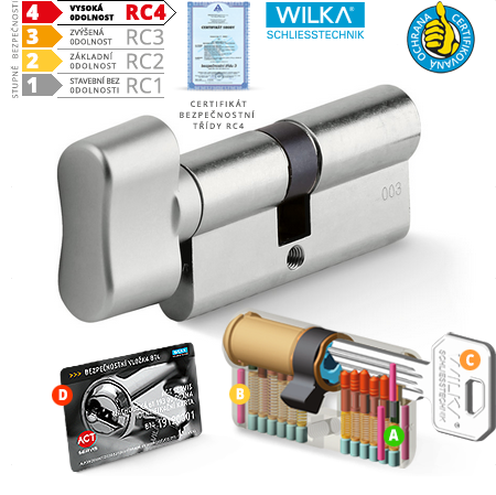 Zylindrischer Sicherheitszylinder mit Knauf ACT WILKA RC4, geschütztes Profil (Nickel)