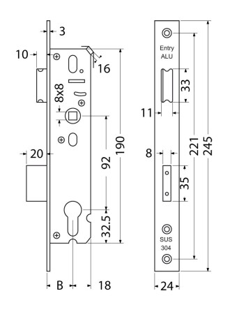 Einsteckschloss für Aluminiumtüren RICHTER EN.A01.92.45.24.N